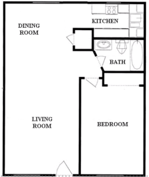 A floor plan of a small apartment with a living room, dining room, kitchen, and bedroom.